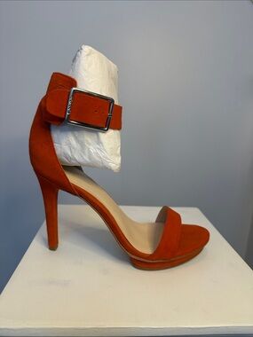 *New Calvin Klein Women's Orange Suede High Heel Sandals with Ankle Buckle